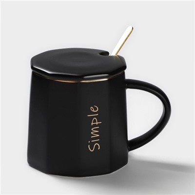 Кружка с ложкой Simple, 350 мл, керамика, чёрная