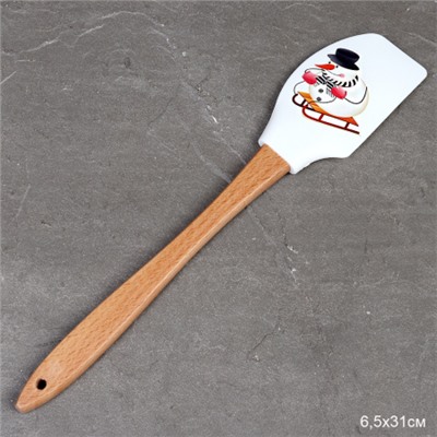 Лопатка кулинарная силиконовая 31х6,5 см с деревянной ручкой / H-211 /уп 130/ Новогодняя/ 0,071/ 0,044