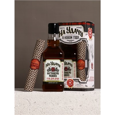 Подарочный набор новогодний «На удачу в Новом году»: гель для душа во флаконе виски 250 мл, аромат терпкого парфюма, платок в форме сигары