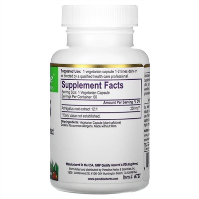 Paradise Herbs, Astragalus, 60 Vegetarian Capsules