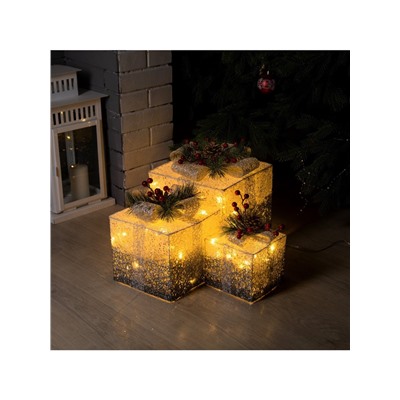 Светодиодная фигура «Серебристые подарки» 15, 20, 25 см, текстиль, металл, 220 В, свечение тёплое белое