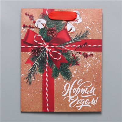 Пакет подарочный новогодний крафтовый «К тебе с подарком», MS 18×23×10 см