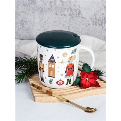 Кружка новогодняя с крышкой, ложка /350 мл/ HB-256 /уп 60/