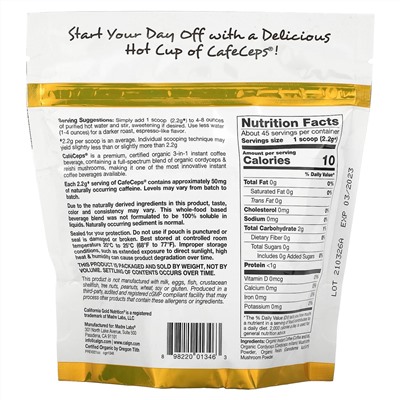 California Gold Nutrition, CafeCeps, сертифицированный органический растворимый кофе с порошком из грибов кордицепс и рейши, 100 г (3,52 унции)