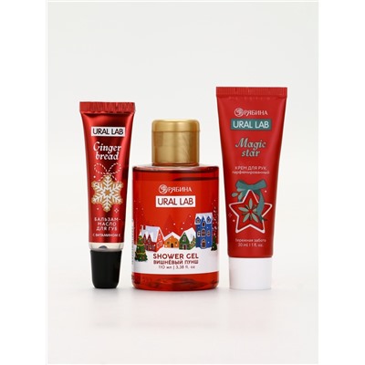 Подарочный набор новогодний: гель для душа, крем для рук, бальзам для губ, маска для сна, URAL LAB