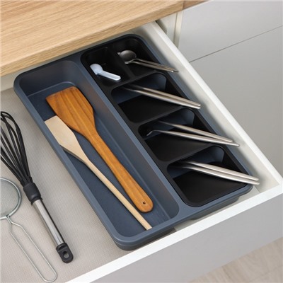 Лоток для столовых приборов FOLYlife, 40×26×5.1 см, 6 отделений, пластик, серый, чёрный