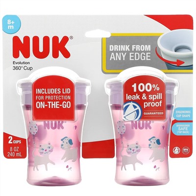 NUK, Evolution 360 Cup, 8+ Months, Pink, 2 Pack, 8 oz (240 ml) Each