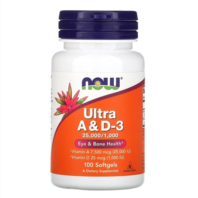 Now Foods, ультра-добавка, витамины A и D3, 100 капсул