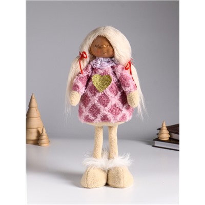 Интерьерная кукла текстильная «Малышка с хвостиками в розовом платье с сердцем», 14×8.5×32 см