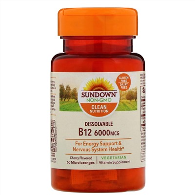 Sundown Naturals, Витамин B12 для рассасывания, ароматизатор «Вишня», 6000 мкг, 60 микропастилок для рассасывания
