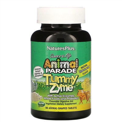 Nature's Plus, Source of Life, Animal Parade, Tummy Zyme с активными ферментами, цельными продуктами и пробиотиками, натуральный вкус тропических фруктов, 90 таблеток в форме животных