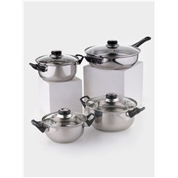 Набор посуды «Чёрная ночь», 8 предметов: кастрюли 1.5 л, 2 л, 3 л, сковородка d=24 см, 4 крышки, индукция, нержавеющая сталь