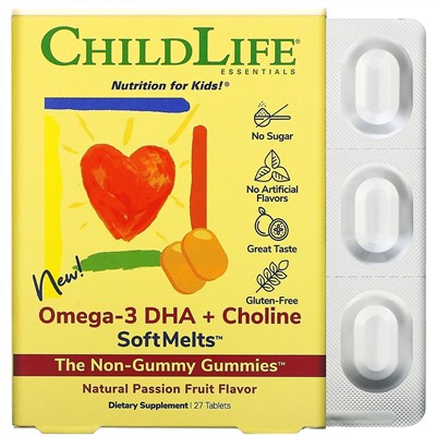 ChildLife, омега-3 ДГК с холином SoftMelts, со вкусом натуральной маракуйи, 27 таблеток