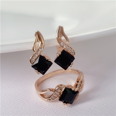 Комплект ювелирная бижутерия коллекция  "Дубай" серьги и кольцо 17 р, покрытие: позолота, вставка: фианиты, цвет: черный и прозрачный, арт.215.465-17