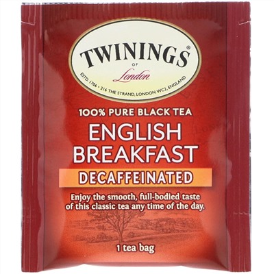 Twinings, 100% Pure Black Tea, English Breakfast, Decaffeinated, 25 Tea Bags, 1.76 oz (50 g)