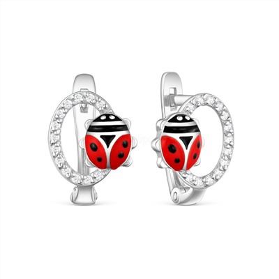 Серьги детские из родированного серебра с эмалью и фианитами - Божьи коровки 925 пробы 2313007