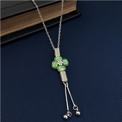Колье цепочка длинная с кулоном, цвет: серебристый, вставка: фианиты, цвет: зеленый и прозрачный, арт.007.159