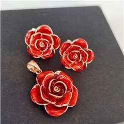 Комплект ювелирная бижутерия коллекция  "Дубай" серьги и кулон, покрытие: позолота, вставка: цветная витражная эмаль красного цвета, арт.313.050