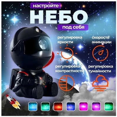 Лампа - проектор звездного неба Астронавт черный с пультом, светодиодный лазерный ночник робот, 8 режимов освещения