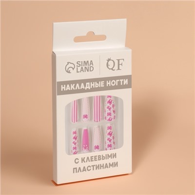 Накладные ногти «Бантики», 12 шт., с клеевыми пластинами, форма балерина, белые, розовые