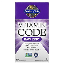 Garden of Life, Vitamin Code, RAW Zinc, 60 веганских капсул