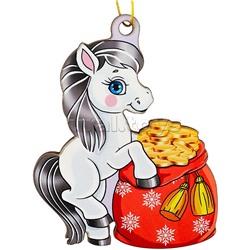 Новогодняя ёлочная подвеска из дерева "Пони с мешком денег" 9 см