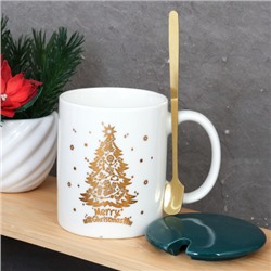 Кружка новогодняя с крышкой, ложка/300 мл/ HB-A2099 /уп 60/