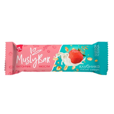 Батончик мюсли бар Клубника в белой глазури 25 гр.