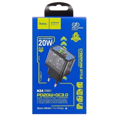 Адаптер Сетевой Hoco N34 Dazzling PD QC3.0 USB/Type-C 3A/20W (black)