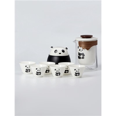 Набор для чайной церемонии ДЖЕКИЧАЙ «Панда», 8 предметов, на 6 персон, чашка 50 мл, чайник 300 мл, керамика, белый