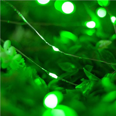 Гирлянда «Нить» 10 м роса, IP44, серебристая нить, 100 LED, свечение зелёное, 2 режима, солнечная батарея