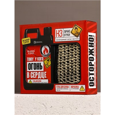 Подарочный набор «Мужику огонь», гель для душа канистра 500 мл и мочалка лента, HARD LINE