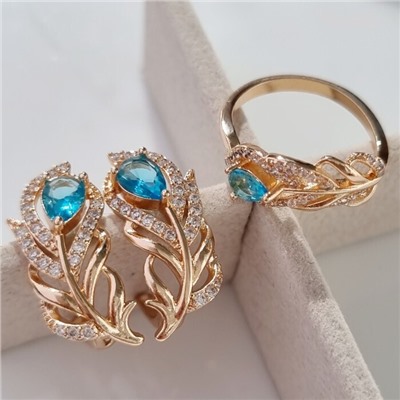 Комплект ювелирная бижутерия коллекция  "Дубай" серьги и кольцо 19 р, покрытие: позолота, вставка: фианиты, цвет: голубой и прозрачный, арт.217.300-19