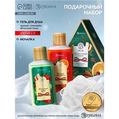 Подарочный набор новогодний: гель для душа 2 шт. х100 мл, мочалка для тела, аромат яблоко и глинтвейн, URAL LAB