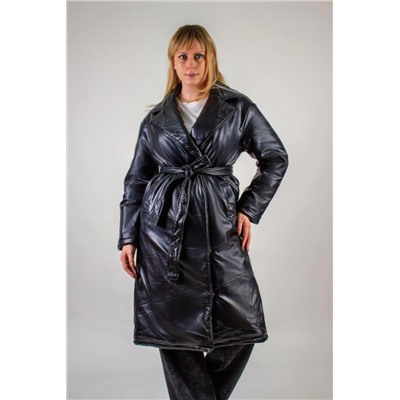 Стеганое теплое пальто из экокожи, арт.355 (Черный)