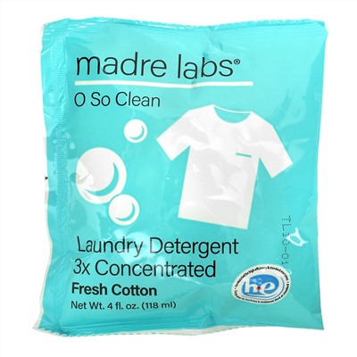 Madre Labs, моющее средство для стирки, тройной концентрации, свежесть хлопка, 6 пакетиков по 118 мл (4 жидк. унции)