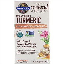Garden of Life, MyKind Organics, куркума усиленного действия, поддержка реагирования на воспаления, 60 веганских таблеток