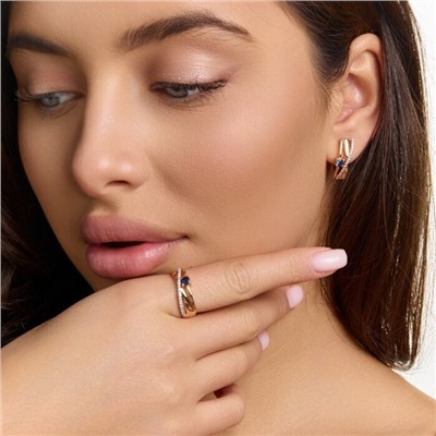 Комплект ювелирной бижутерии коллекция "Дубай" серьги и кольцо 19 р, покрытие позолота, вставка: фианиты и цирконы, цвет: синий и прозрачный, арт.215.699-19