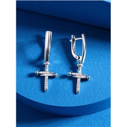 Серьги женские с гвоздиками в виде креста из серебра с фианитами родированные 925 пробы 421-10-633р