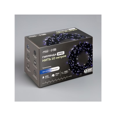 Гирлянда «Нить» 10 м, IP44, УМС, тёмная нить, 100 LED, свечение бело-синее, мигание, 220 В