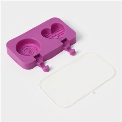 Форма для мороженого «Любовь», силикон, 19.5×11×2.5 см, 2 ячейки, с крышкой и палочками (50 шт.), сиреневая