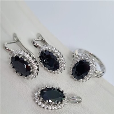 Комплект ювелирная бижутерия серьги, кулон и кольцо 19 р, покрытие: посеребрение, вставка: фианит, цвет: черный и прозрачный, арт.313.100-19