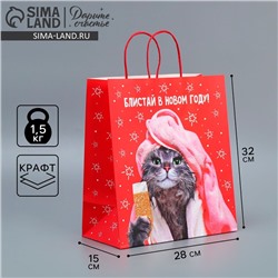 Пакет подарочный новогодний крафтовый «Блистай», 28×32×15 см