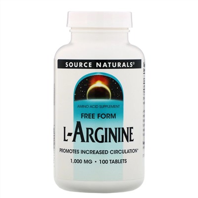 Source Naturals, L-аргинин, Свободная форма, 1000 мг, 100 таблеток