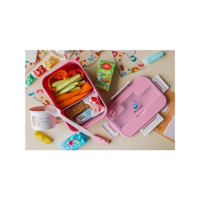 Ланч-бокс для еды в школу Доляна «Фламинго», пластик, 20.5×15×7.5 см, 2 отделения, вилка, ложка, пшеничная солома, розовый