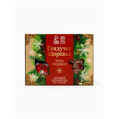 Подарочный набор новогодний «Тёплых праздников», мёд с пыльцой 250 г, чай 50 г, ложка