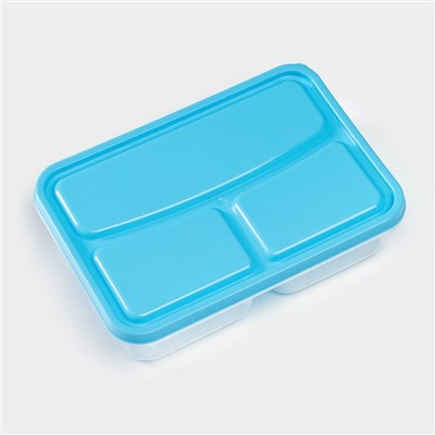Ланч - бокс для еды, 3 отделения, 200/400 мл, 21×14.5×5.5 см, пластик, прямоугольный, голубой