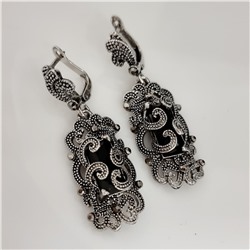 Серьги подвески ювелирная бижутерия, покрытие посеребрение, вставка: фианиты, цвет графит и черный, Уценка,  арт.213.735