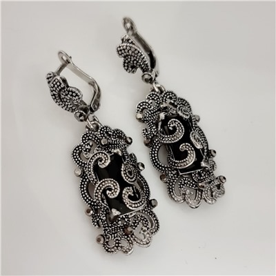 Серьги подвески ювелирная бижутерия, покрытие посеребрение, вставка: фианиты, цвет графит и черный, Уценка,  арт.213.735