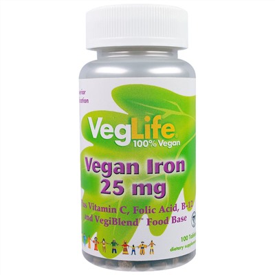 VegLife, Железо растительного происхождения, 25 мг, 100 таблеток